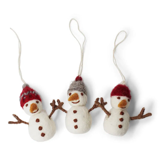 3 Felted snowmen with red and gray hats