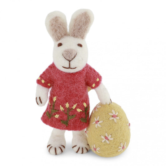 Felted white rabbit with red dress and Easter eggs
