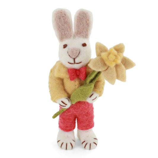 Felted white bunny with daffodil