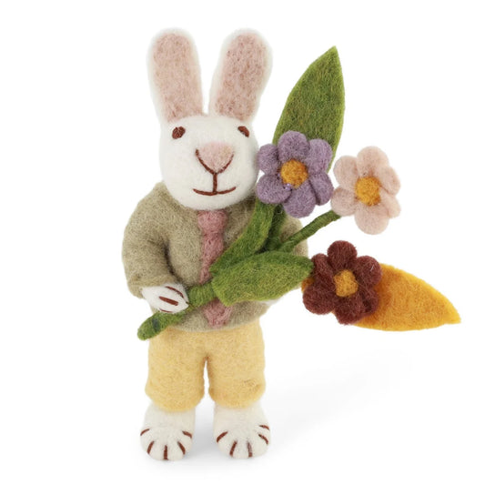 Felted white rabbit boy with tie and flower bouquet