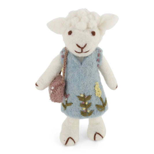 Felted white sheep with blue dress and bag