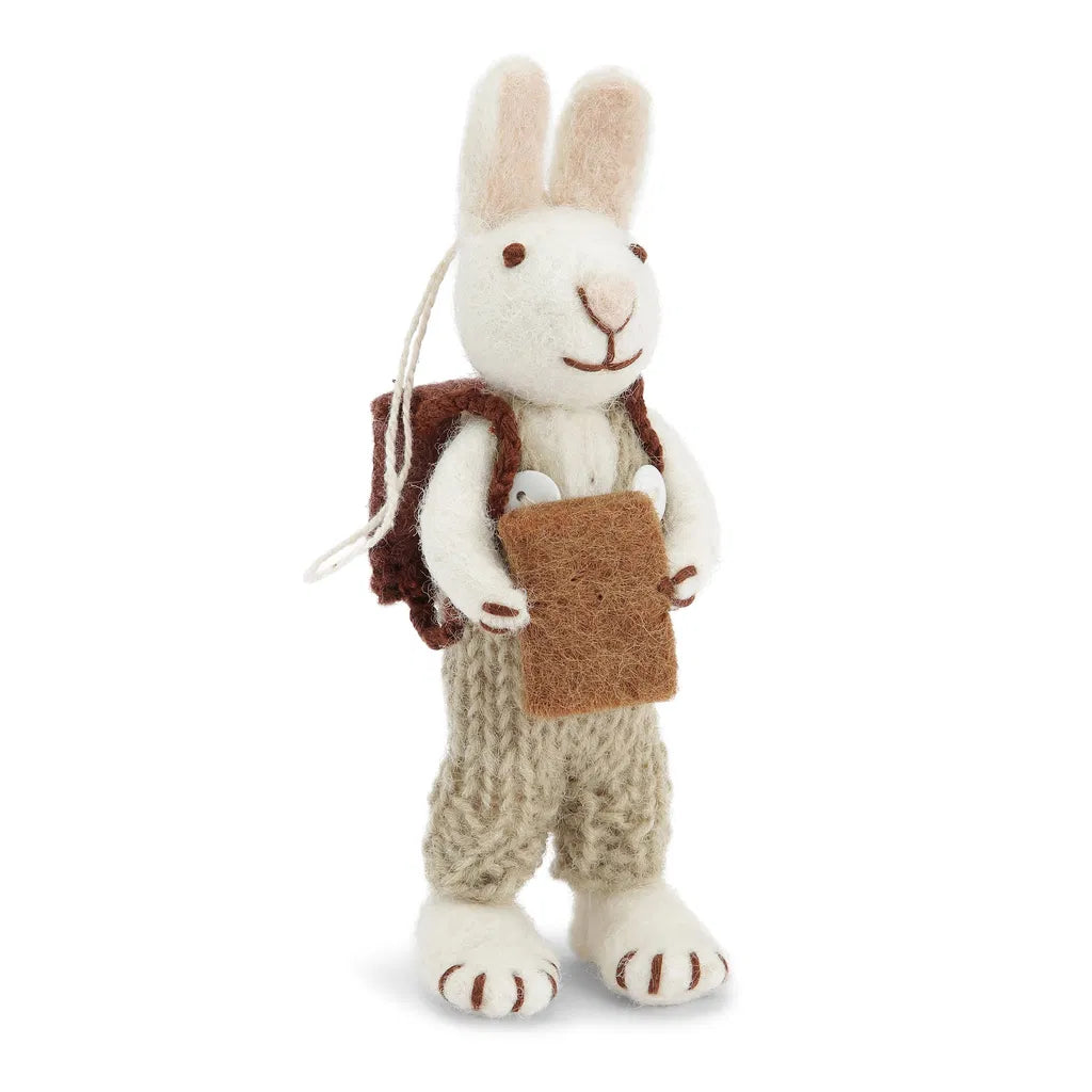 Felted white rabbit with blue pants and flower (14cm)