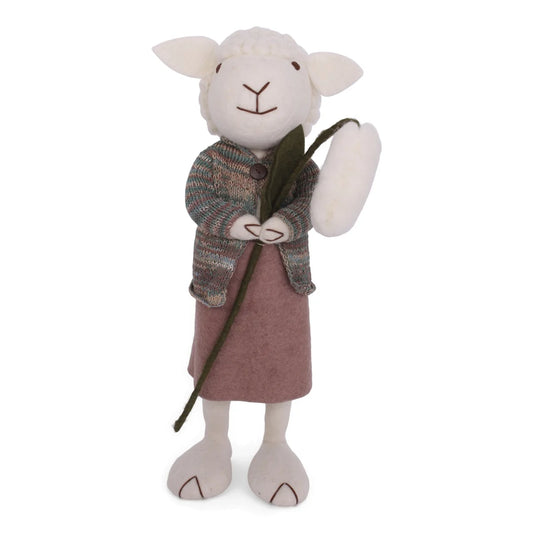 Felted white sheep with skirt and snowdrop (27cm)