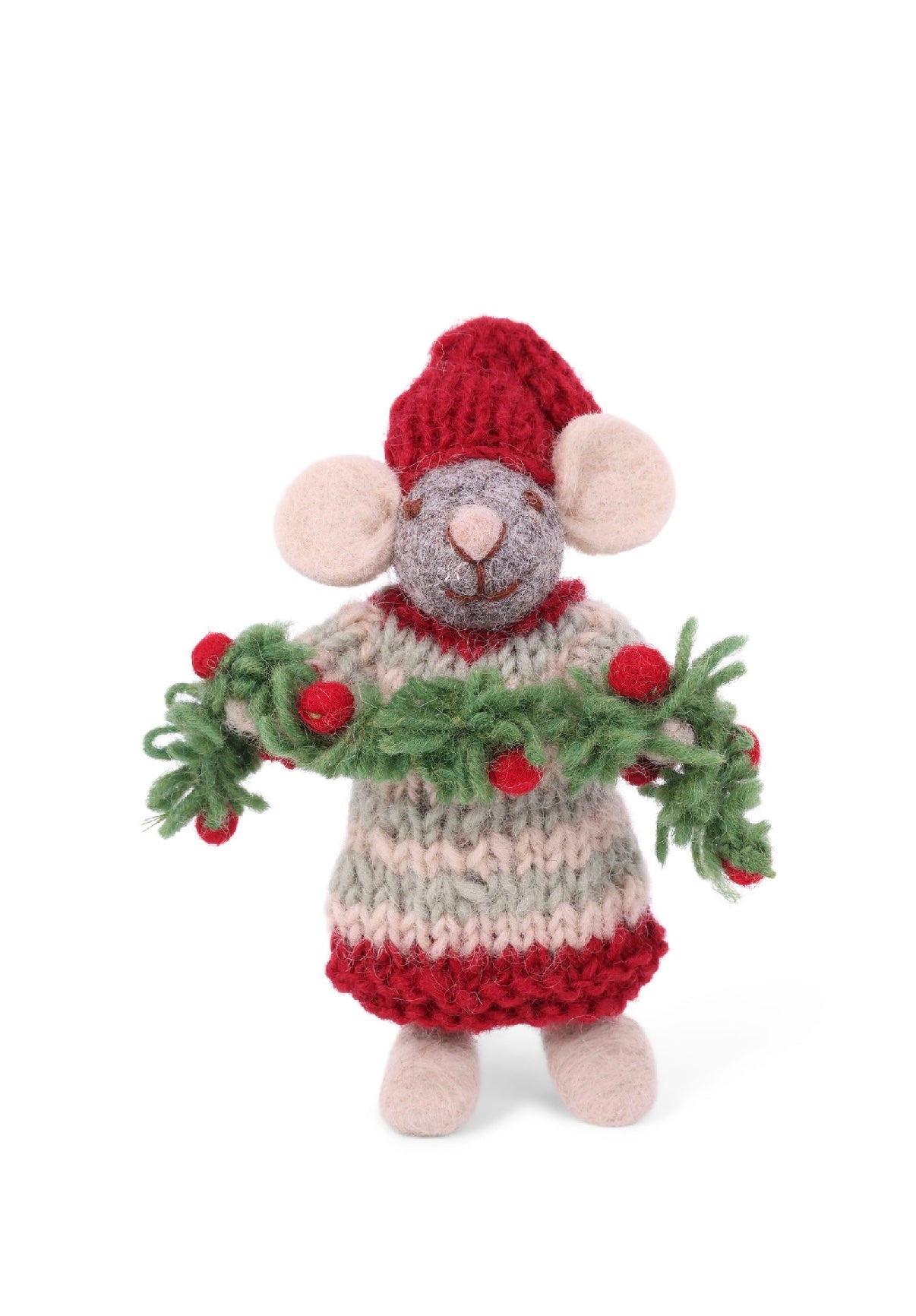 Tovad grå mus med grön girlang (15 cm)