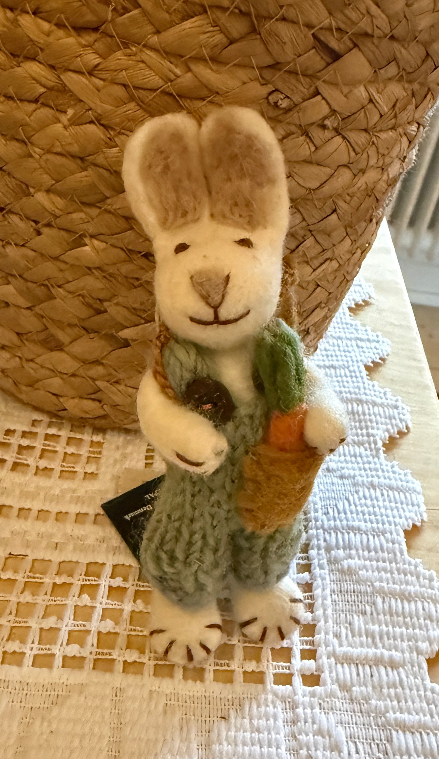 Felted white rabbit with blue pants and flower (14cm)