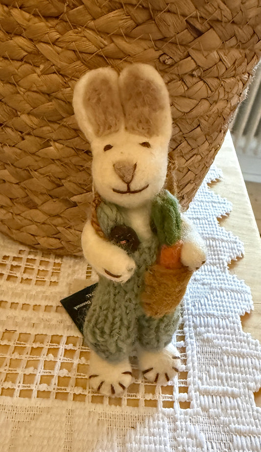 Felted white rabbit with blue pants and flower (14cm)