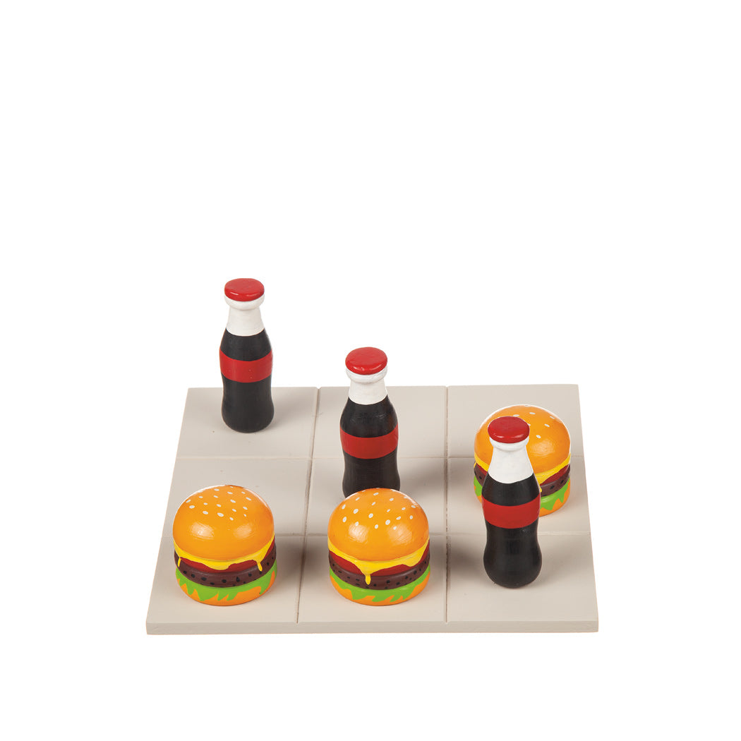 Tre i rad Hamburgare och Coca cola brädspel i trä. Gå bort present.