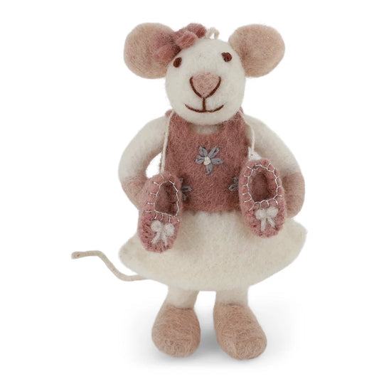 Felted white mouse with pink dress (12 cm)