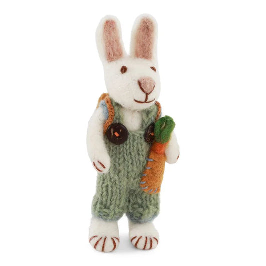 Felted white rabbit with blue pants and flower (14cm)