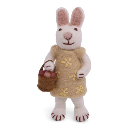 Felted white rabbit with red dress and Easter eggs