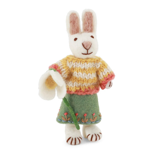 Felted white bunny with daffodil