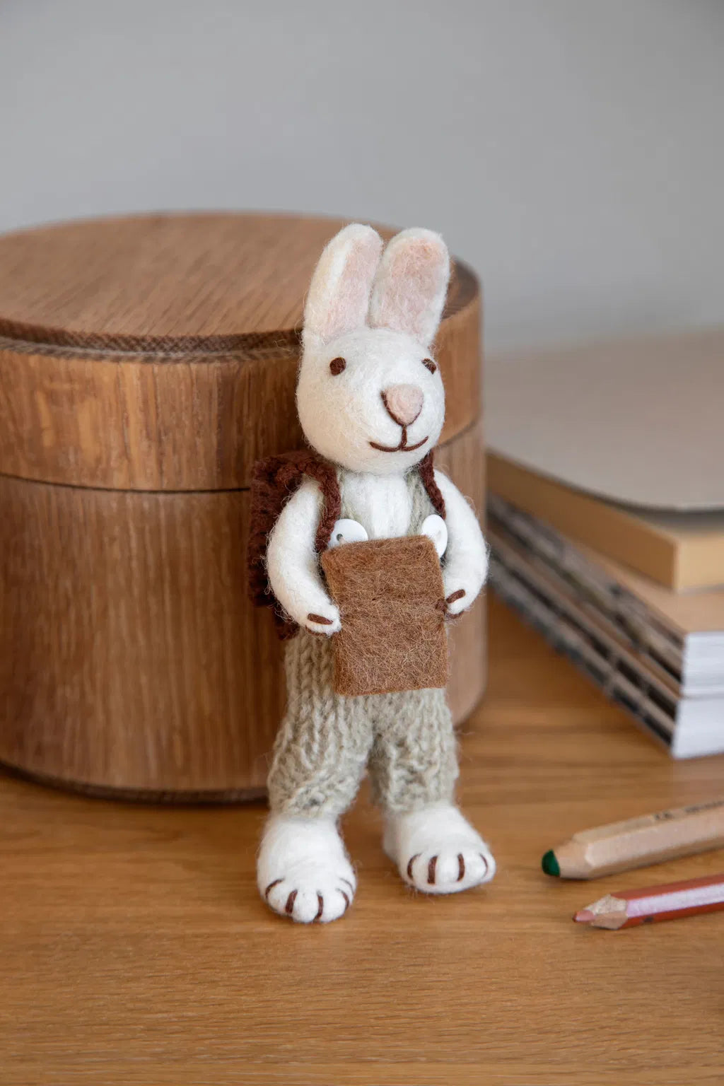 Felted white rabbit with blue pants and flower (14cm)