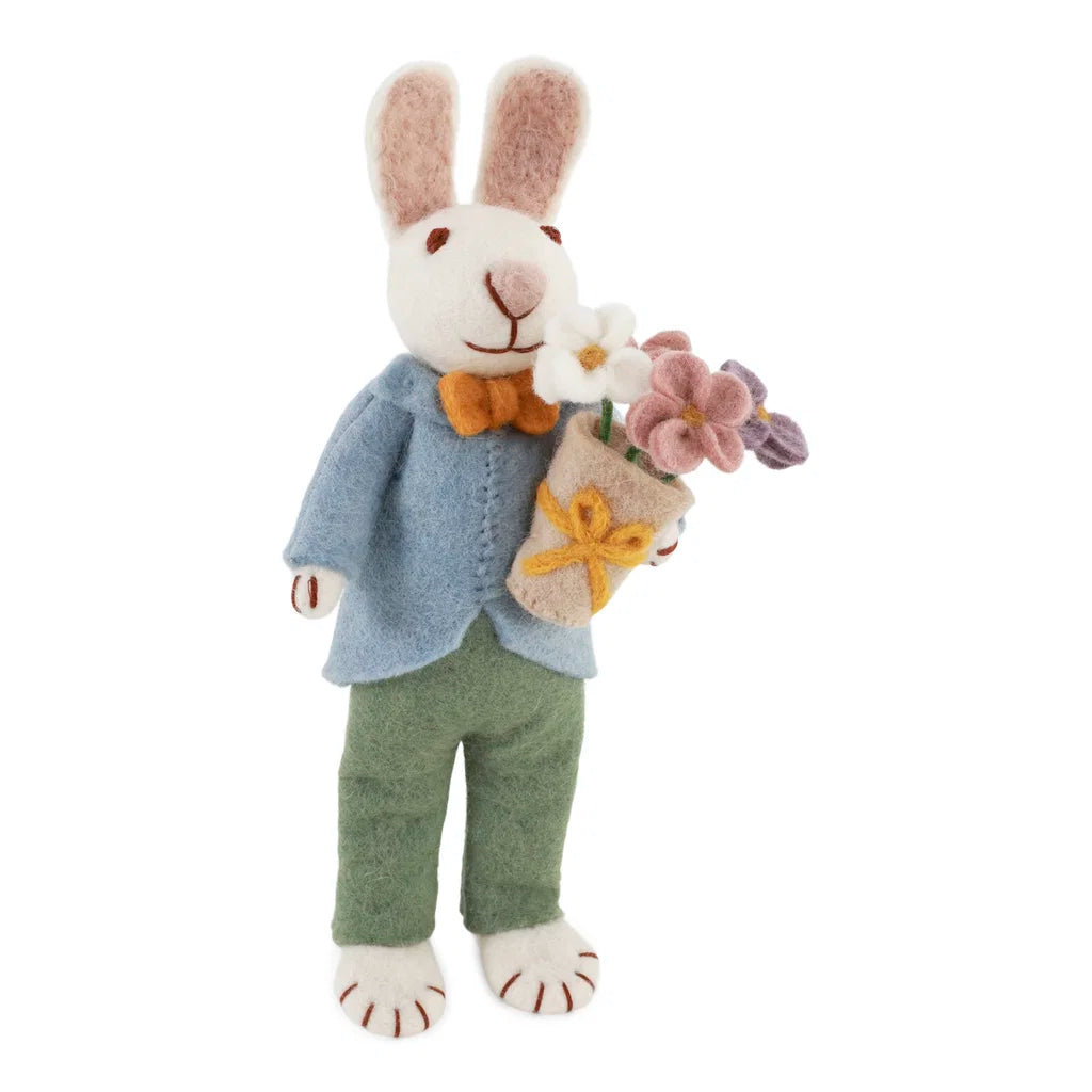Felted white bunny with daffodil