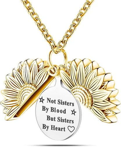 Halsband - Solros med budskapet "Not sisters by blood but sisters by heart" (Copy)