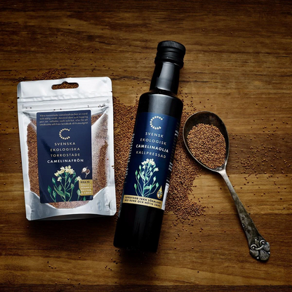 Ekologiska torrostade camelinafrön och camelina olja Svenskodlade frön rika på omega 3, protein & fibrer