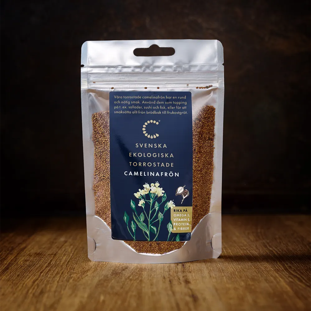Ekologiska torrostade camelinafrön – Svenskodlade frön rika på omega 3, protein & fibrer