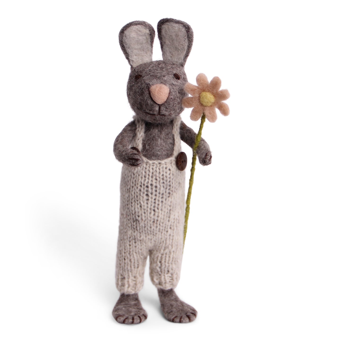 Tovad stor grå kanin med byxor och blomma